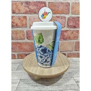 Lenox Butterfly Meadow Travel Mug Blue Hydrangea Thermal 10 oz Cup 6" Tall NWT